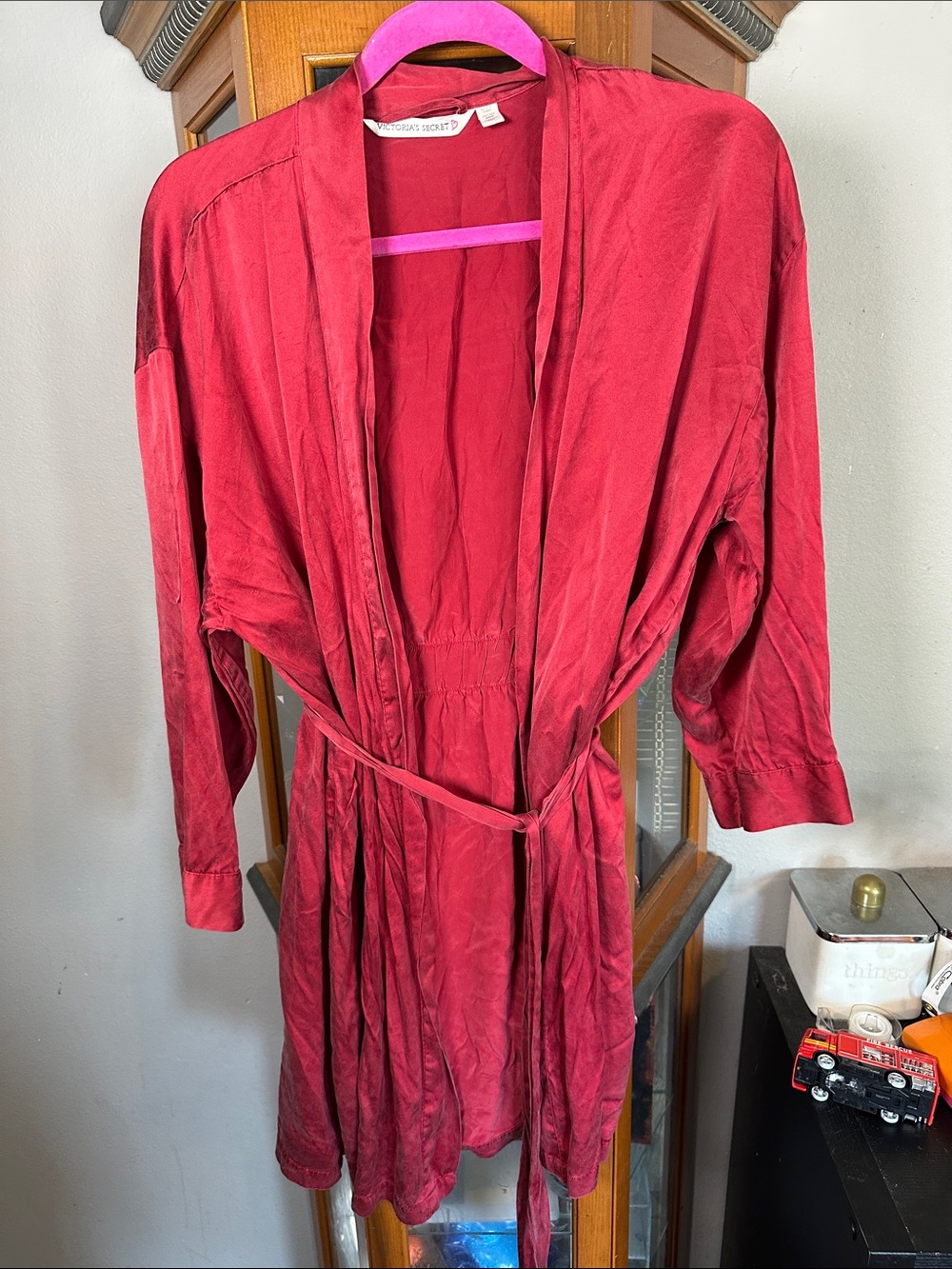 Victoria's Secret Red 100% Silk  Robe with Waist Tie